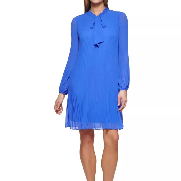 Dkny Long Sleeve Pleated Shift Dress with Neck Tie - Blue